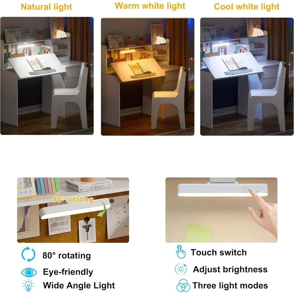 Kids Desk and Chair Set,Kids Study Desk with 3-Color Lights,Tiltable Desktop,Multi Functional Study Table for Kids 5-12 4