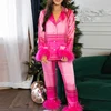 Women's 2 Pieces Pajama Set Long Sleeve Lapel Button Blouse Shirt Tops + Plaid Pants Sleepwear Sets Xmas Furry Trim Pj Sets 3