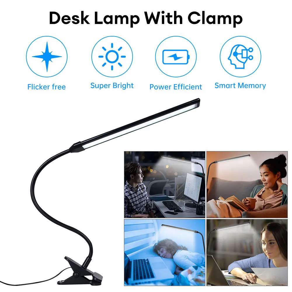 

10W LED Desk Lamp with Clamp Dimmable Clip On USB Reading Light 10 Brightness Level 3 Lighting Modes Flexible Study Table Lamp