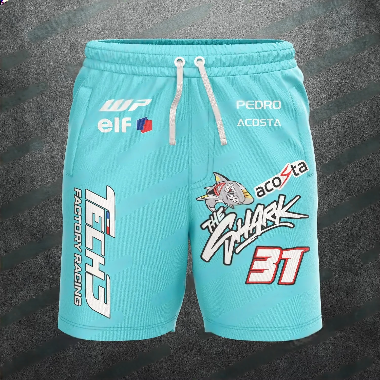 Men’s quick-dry racing fan shorts with No. 31 Acosta print, styled outdoors with helmet and motorcycle gear blue