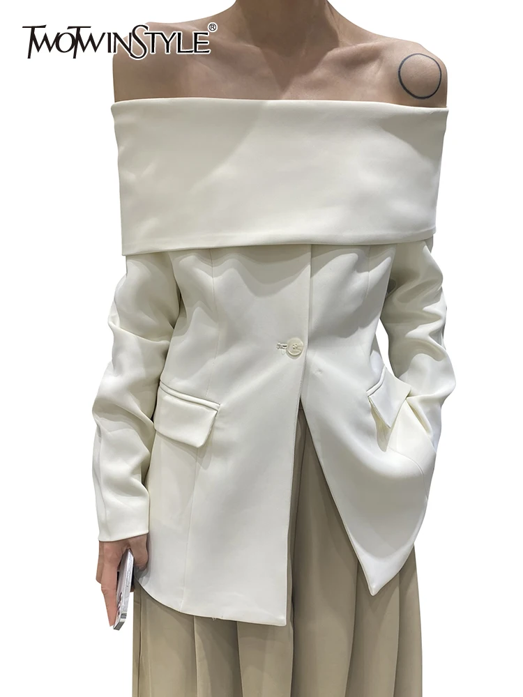 TWOTWINSTYLE Elegant Off Shoulder Blazer For Women Slash Neck Long Sleeve  Solid Minimalist Blazers Female Clothing Autumn New - AliExpress