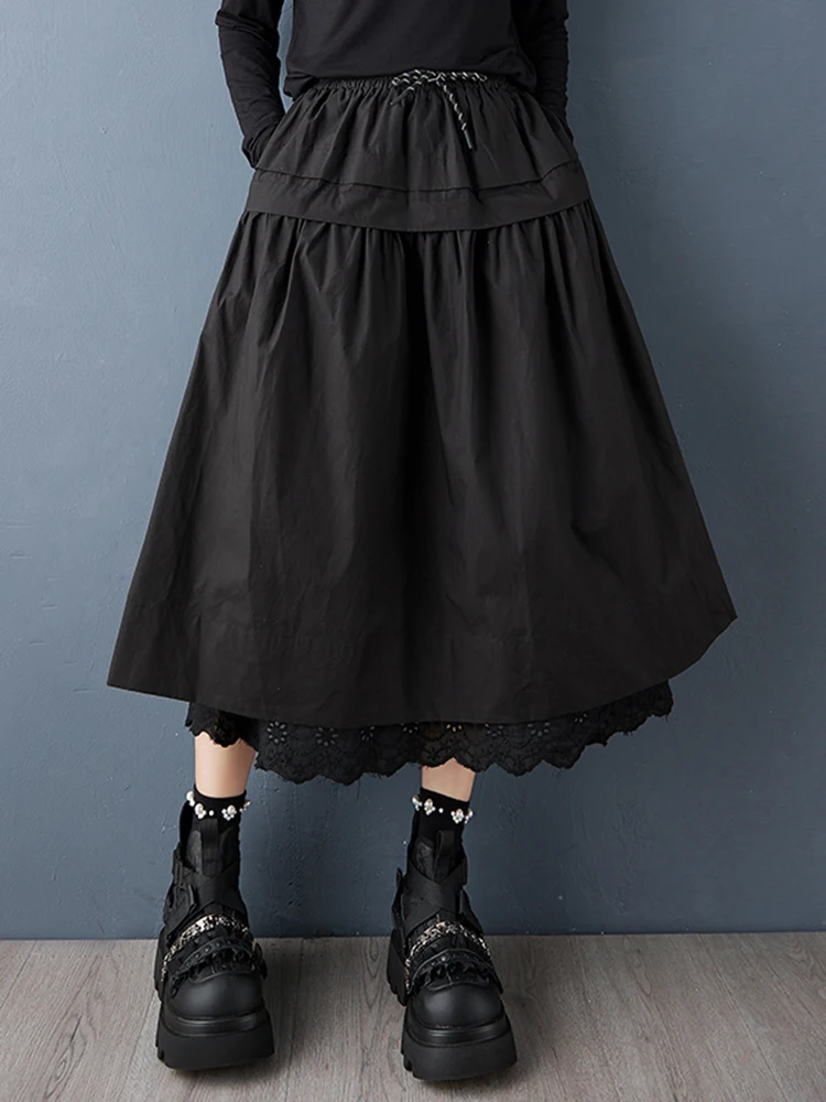 Black Vintage Spliced Lace High Waist Skirt Women New Plus Size Fashion Loose Casual Long Skirts Clothing Sping Autumn 2025