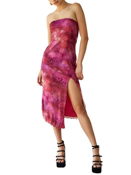 Women Floral Mesh Dress Summer Backless Strapless Split Party Dress for Cocktail Beach Streetwear Aesthetic Clothes 1