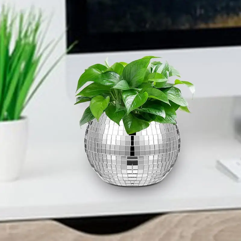 Disco Ball Flower Pot Disco Ball Flower Vase Silver Mirror Glass Decor Vase Planter Disco Ball Plant Holder for home decoration 5