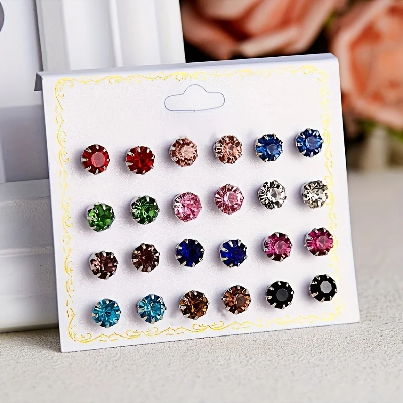 12 Pairs Artificial Crystal Earrings Eight Claw Glass Water Diamond Earrings Versatile Flower Artificial Crystal Card Earring Set