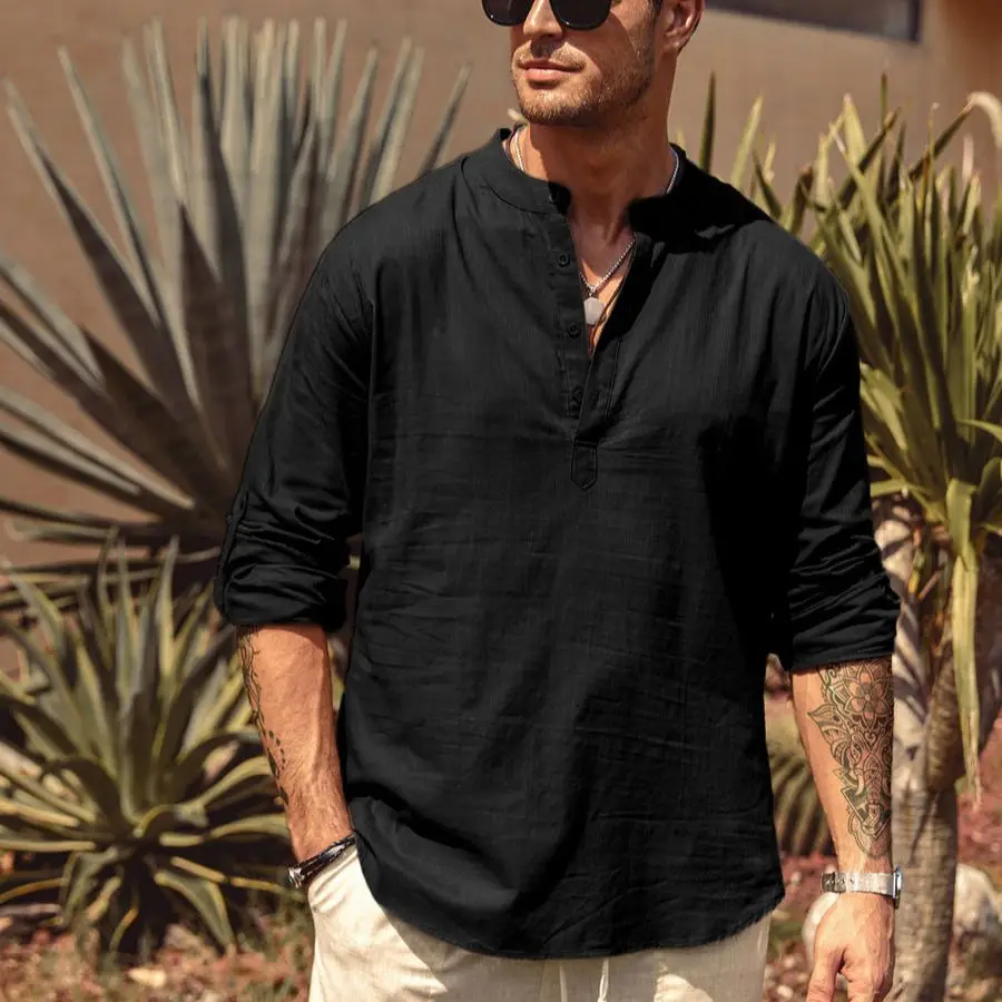 Men's Casual Blouse Cotton Linen Shirt Loose Tops Long Sleeve Henley Shirt Spring Autumn Handsome Shirts Shirts for Men