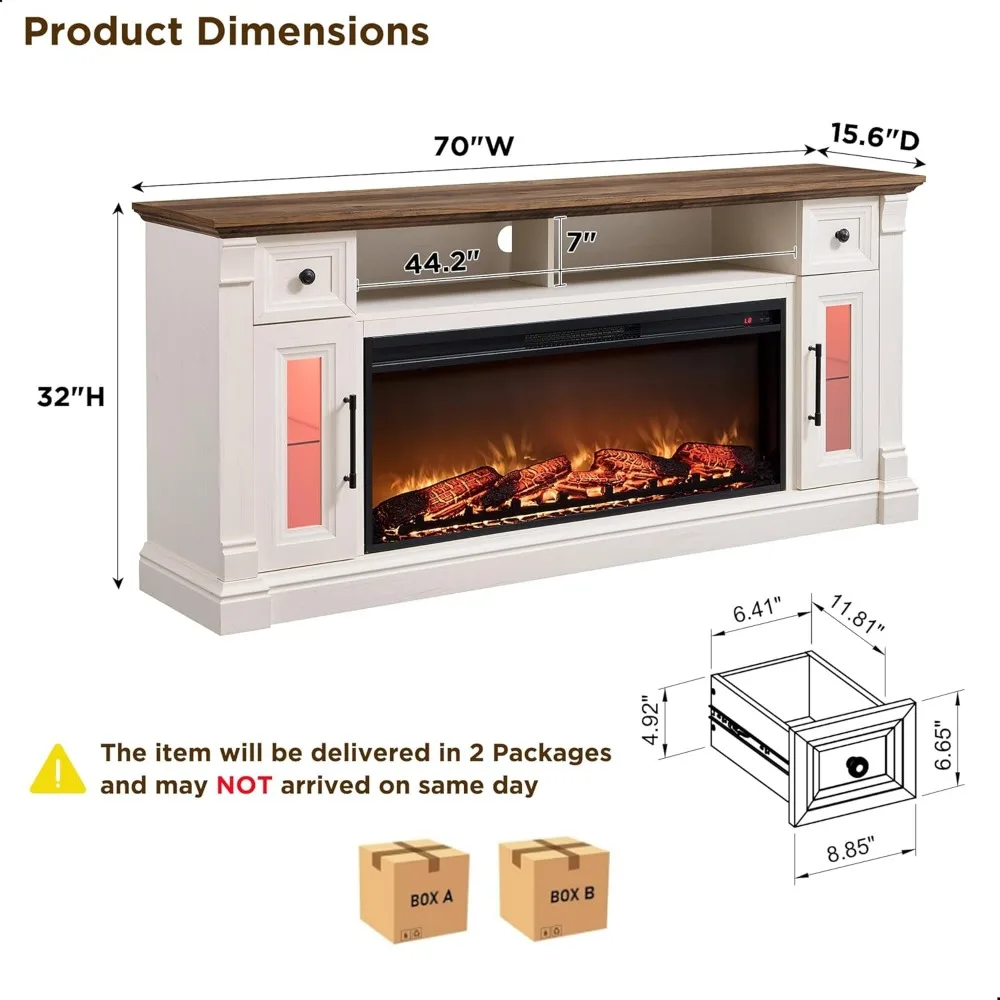 Fireplace TV Stand for 80 Inch TV - Farmhouse Entertainment Center with 42" Electric Fireplace & LED Lights,for Living Room 6