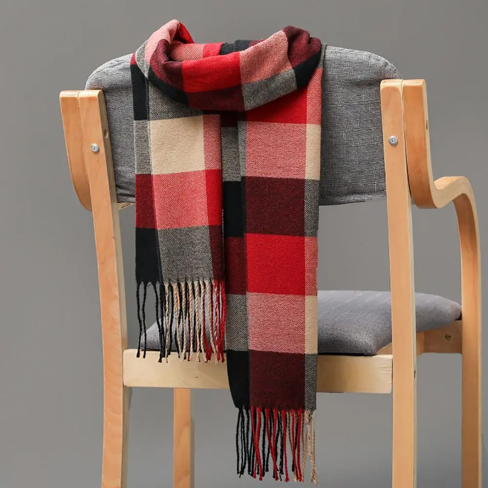 Men's Scarf Winter Thick Warm Plaid Fringed Tassels Cashmere Business Long Scarf Wraps Camping Hiking Scarf Shawl Classic Scarf 5