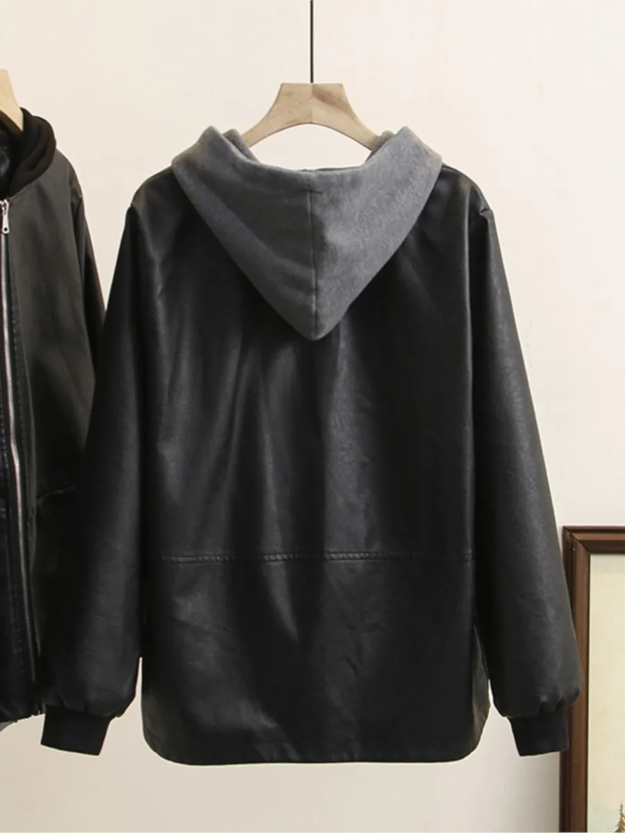 Washed PU Leather Hooded Jacket for Women, Casual Clothes, Female Coats, Spring and Autumn Fashion, Plus Size