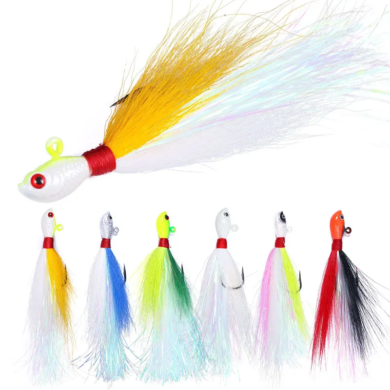 Bucktail Jigs Head Hook 3D Eyes Bait 7g 14g 28g 56g Deer Hair Feather Hook Beard Jigging Lure Fishing