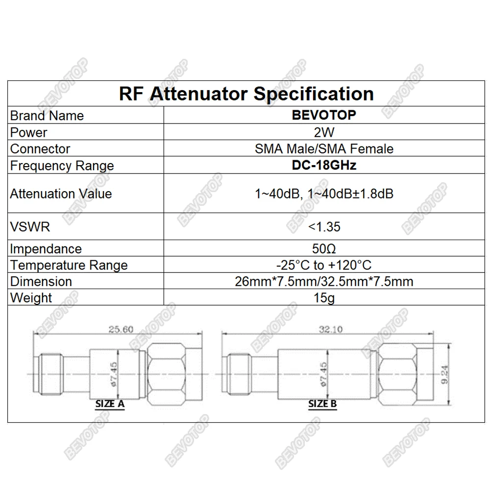 BEVOTOP-SMA macho para atenuador coaxial RF fêmea