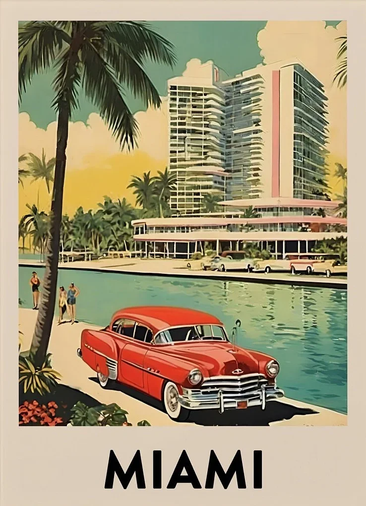 Póster de paisaje de viaje de vacaciones en autobús urbano retro de mediados de siglo, pintura en lienzo de Londres, París, Tokio, Chicago, arte de pared, decoración del hogar de la habitación