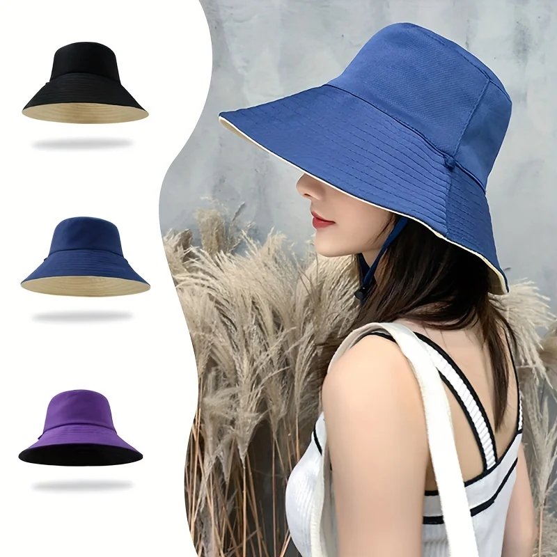 Double Sided Solid Color Flat Top Leisure Large Eave Fisherman Hat Lightweight Shading Foldable Detachable Windproof Rope