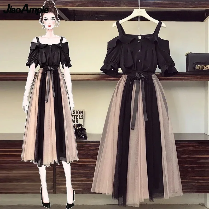 

Women Summer Clothing Suit Fashion Slash Neck Shirt Skirts Set Korean Sweet Girls Flare Sleeve Layers Mesh Bow-Knot Dress Z02