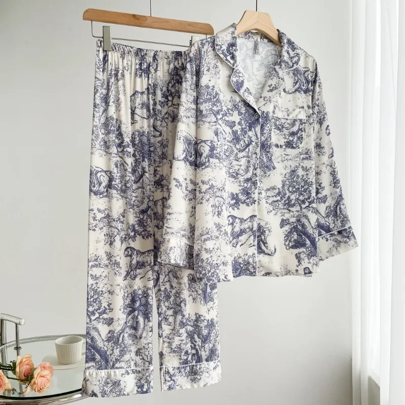 Ice Silk Pajamas Women's Spring Simple Ink Painting Shirts Trousers Two-piece Lapel Cardigan Women's Luxury Casual Home Wear