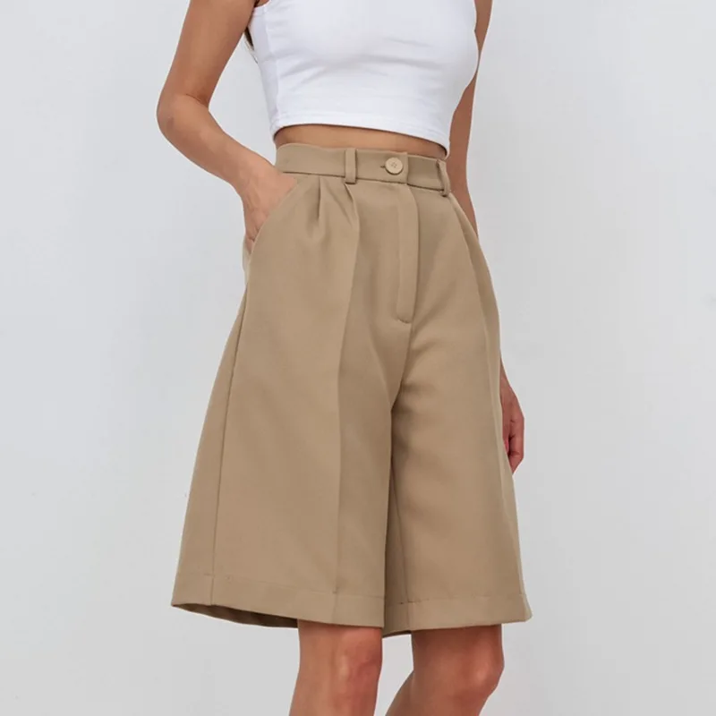 2024 Summer New French Commuter Casual Khaki Short Pants for Youthful Women Clothes Women's Fashion High Waist Wide Leg Shorts