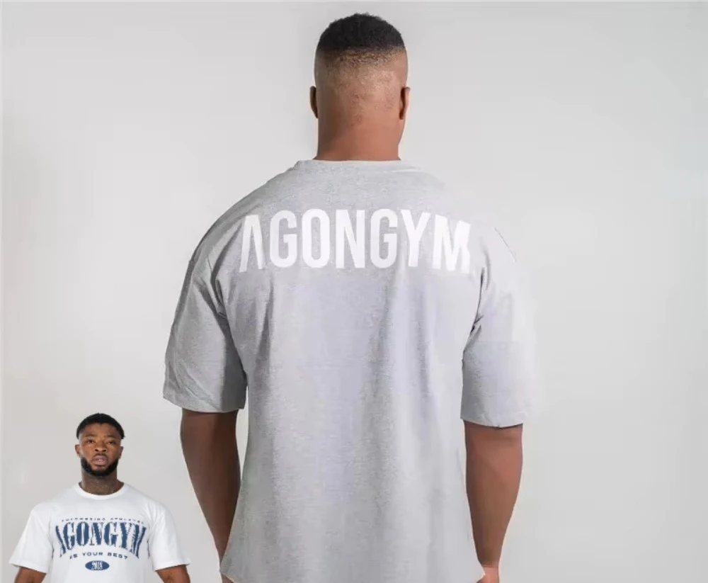 New Agongym T Shirt Men Loose Cotton Printed Bodybuilding Muscle Short Sleeve Gym Running Sports Workout Streetwear Top
