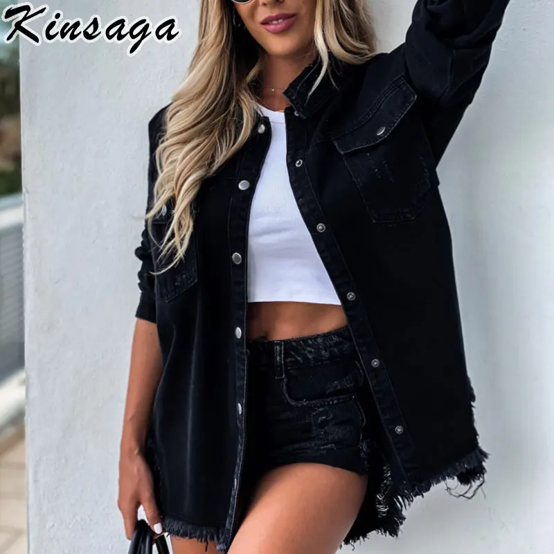 

Куртка Y2k Женская рваная джинсовая средней длины, винтажная уличная одежда из денима с длинными рукавами и карманами, свободная верхняя одежда в стиле Харадзюку, черный цвет