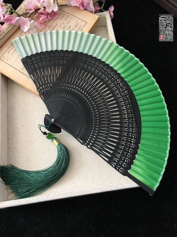 Edo Japanese Style Folding Fan Kimono Fan Real Silk Female Small Flower Carved Gradient Blank Golden