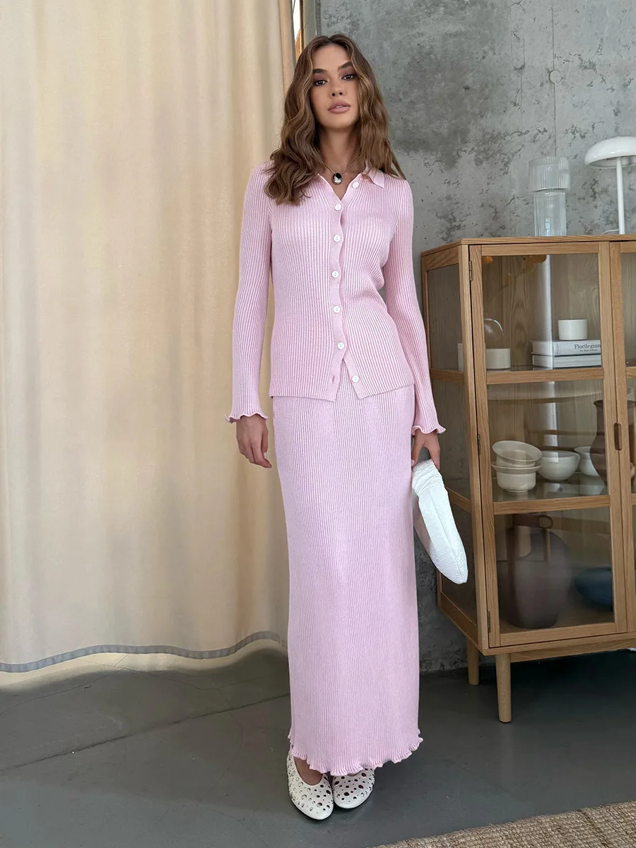 Bornladies New Women's POLO Neck Long Sleeve Cardigan Skirt Set Ribbed Knit Button Front Elastic Autumn Winter Casual Set