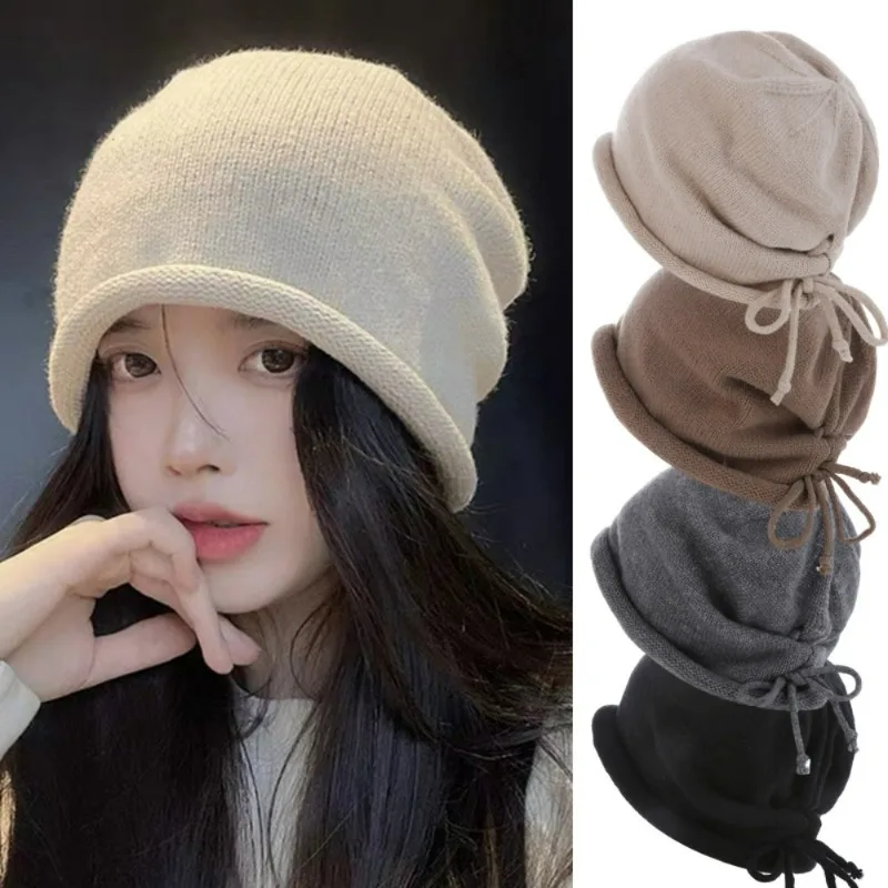 

Вязаная мешковатая шапка осень-зима, Женские Простые мягкие теплые шапки, японская однотонная модная непромокаемая шапка с загнутыми краями