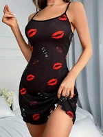Women's Red Lip Letter Print Sexy Frill Trim Sleepwear Dress Round Neck Backless Slip Dress Comfortable Nightgown - Image 5