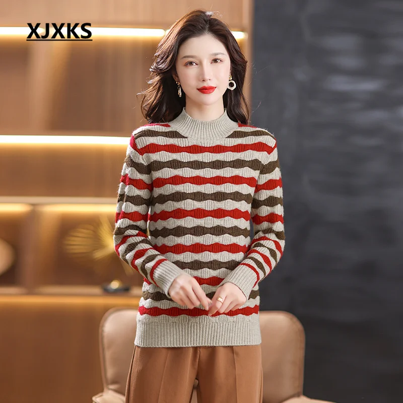 

XJXKS Sueters De Mujer Winter 2022 New Wool Knit Turtleneck Sweater Women's Pullover Fashion Striped Casual Jumper
