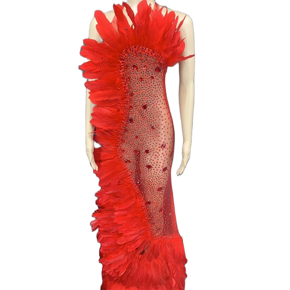 

Multicolored Gauze Perspective Shining Rhinestones Sexy Feathers Long Dress For Women Prom Dance Wear Stage Singer Costumes