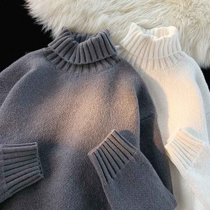 Men's Autumn Winter Solid Color Polo/Turtle Neck Sweater Casual Knitted Top Loose Fit Simple Line Clothing Trendy Brand Ins