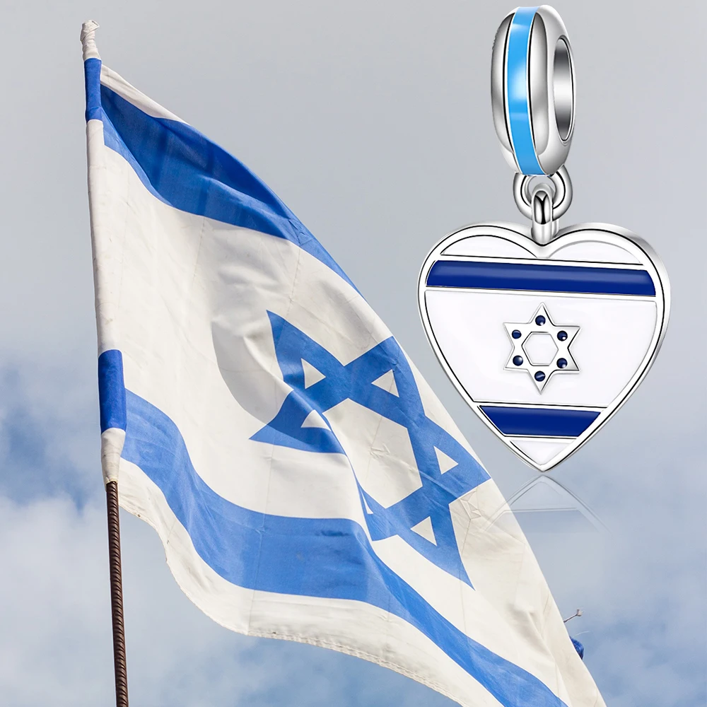 Xiaojing 925 Sterling Silver Heart Israel Flag Star of David Beads Charms for Women Fit Original European Bracelets Jewelry Gift 2