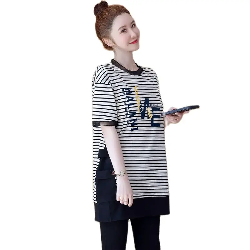 2023 Summer Plus Size Pregnant Woman Tees Short Sleeve O-Neck Maternity Lactation Top Fashion Printing Stripes Patchwork T-Shirt