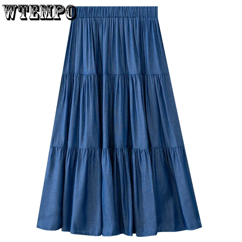 

Denim Skirt Women's Summer High Waisted A-line Mid Length Casual Pleated Skirt Drop Shipping