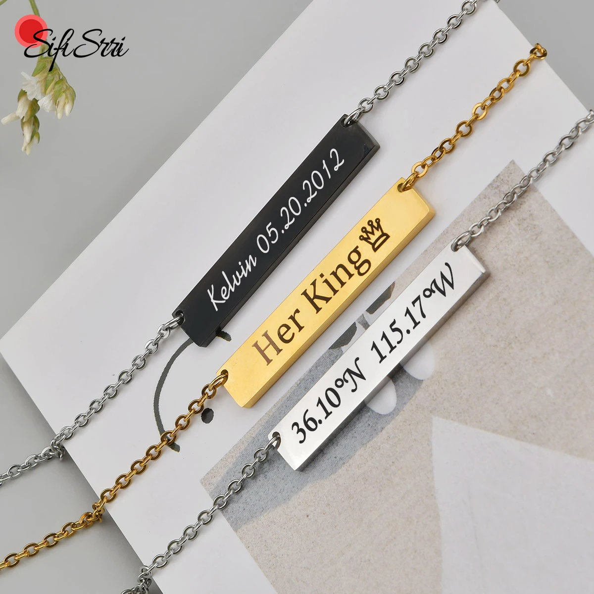 

Sifisrri Personalized Engrave Name ID Date Bar Necklace For Women Stainless Steel Customized Jewelry Birthday Gift Accessories