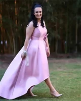 Customized High Low Satin Mother Of The Bride Dresses Pink Satin Wedding Guest Dresses With Pocket Sleeveless Party Evening Gown 4
