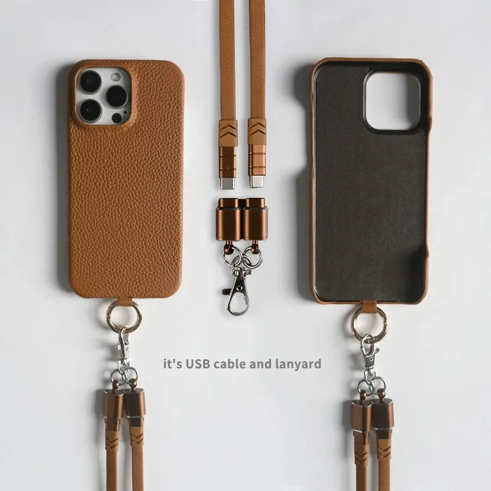 USB Charging Cable Genuine Leather Case For iPhone 16 Pro Max 15Pro 11 13 12pro 14Pro Strap Crossbody Lanyard Phone Cover