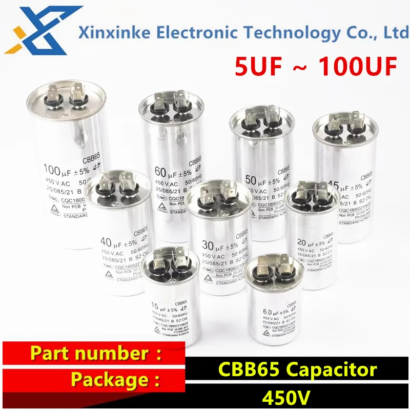 Condensateur CBB65 450VAC Pour Climatisation - De 5µF à 100µF, Forme Ovale, Pour Démarrage/rotation