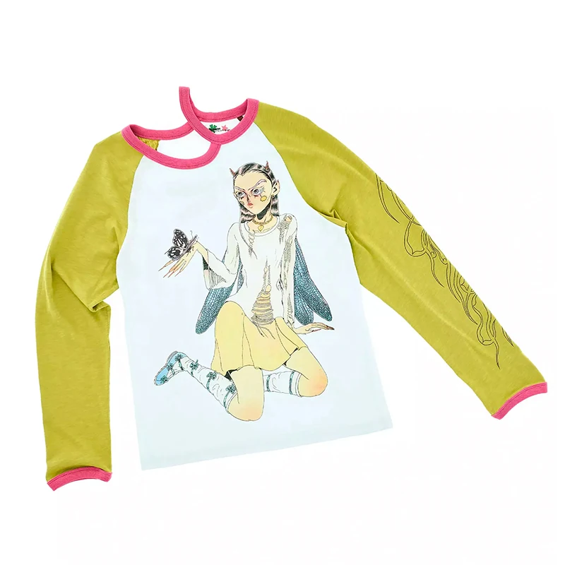 Heavenkiko Y2K Double Head Bear Thin Long Sve T-irt Men's Bamboo Cotton Printed Casual Summer Top round Ne Mid-Length