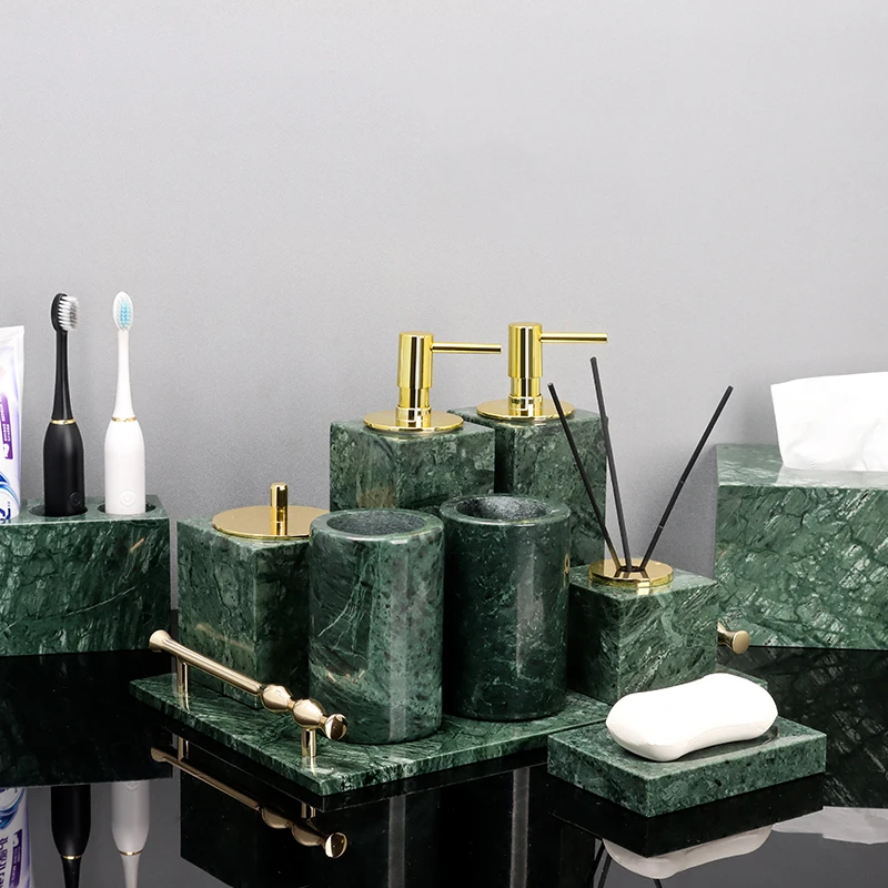 Soap dispenser tongue scraper toilet paper box Indian Green Natural Marble Bathroom Accessories Retro Soap Dispenser Soap Dish Toothbrush Holder Tissue Box Bathroom Set
