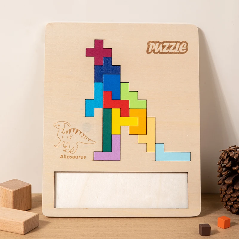 Drewniane puzzle Tetris ze zwierzętami - wielotema, z nieregularnymi elementami, odpowiednie do rozwijania przestrzennego myślenia i umiejętności rozwiązywania problemów u dzieci.