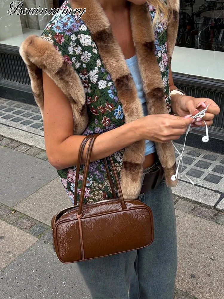Sleeveless Floral Print Vest with Faux Fur Plush Collar and Slim Zip-Up Front — photo 1
