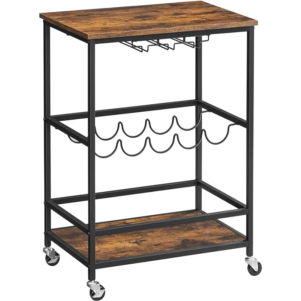 

VASAGLE Bar Cart, Serving Cart with Wheels, Glass Stemware Rack and Wine Bottle Holders, Industrial, Rustic Brown and Black