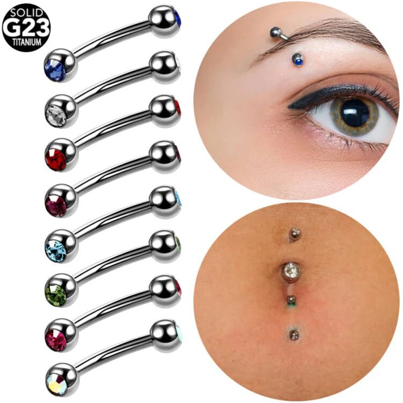 1PC/Lot Titanium Eyebrow Piercings Banana Barbell Double Gems Eyebrow Rod External Threaded Curved Tongue Snug Rook Pircings