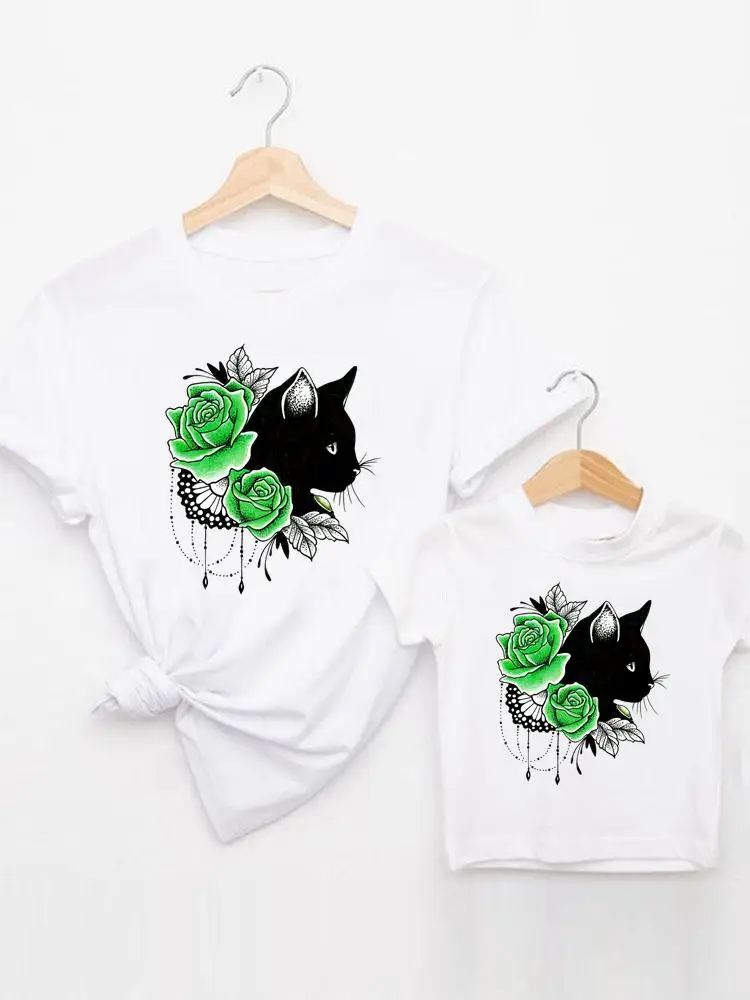 

Tee Family Matching Outfits Flower Animal Cat Cute Summer Women Kid Child Mom Mama Mother Tshirt Clothes O-neck Graphic T-shirt