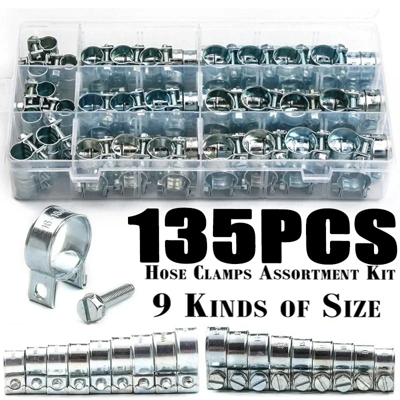 Hose Clamps 135/60Pcs Double Ears Clamp 8-18mm Worm Drive Fuel Water Hose Pipe Clamps Assorted Kit