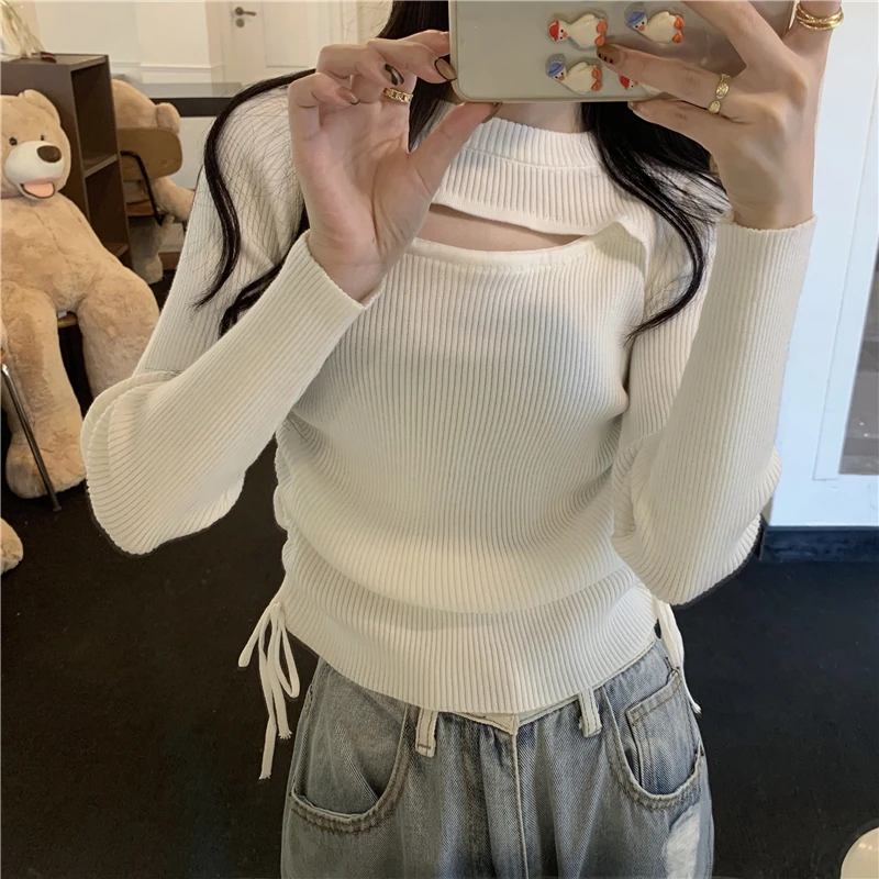 

New High Quailty Korean Version Drawstring Pleated V-neck Short Hollow Out Sweater Women Full-sleeved Slim Fitting Pullover Top