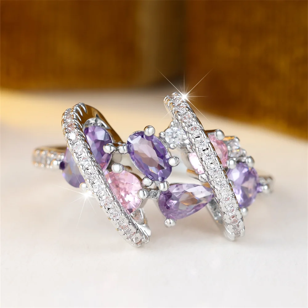 Purple Crystal Oval Stone Pink Zircon Rings For Women Vintage Silver Color Engagement Wedding Jewelry Bridal Valentine Gifts