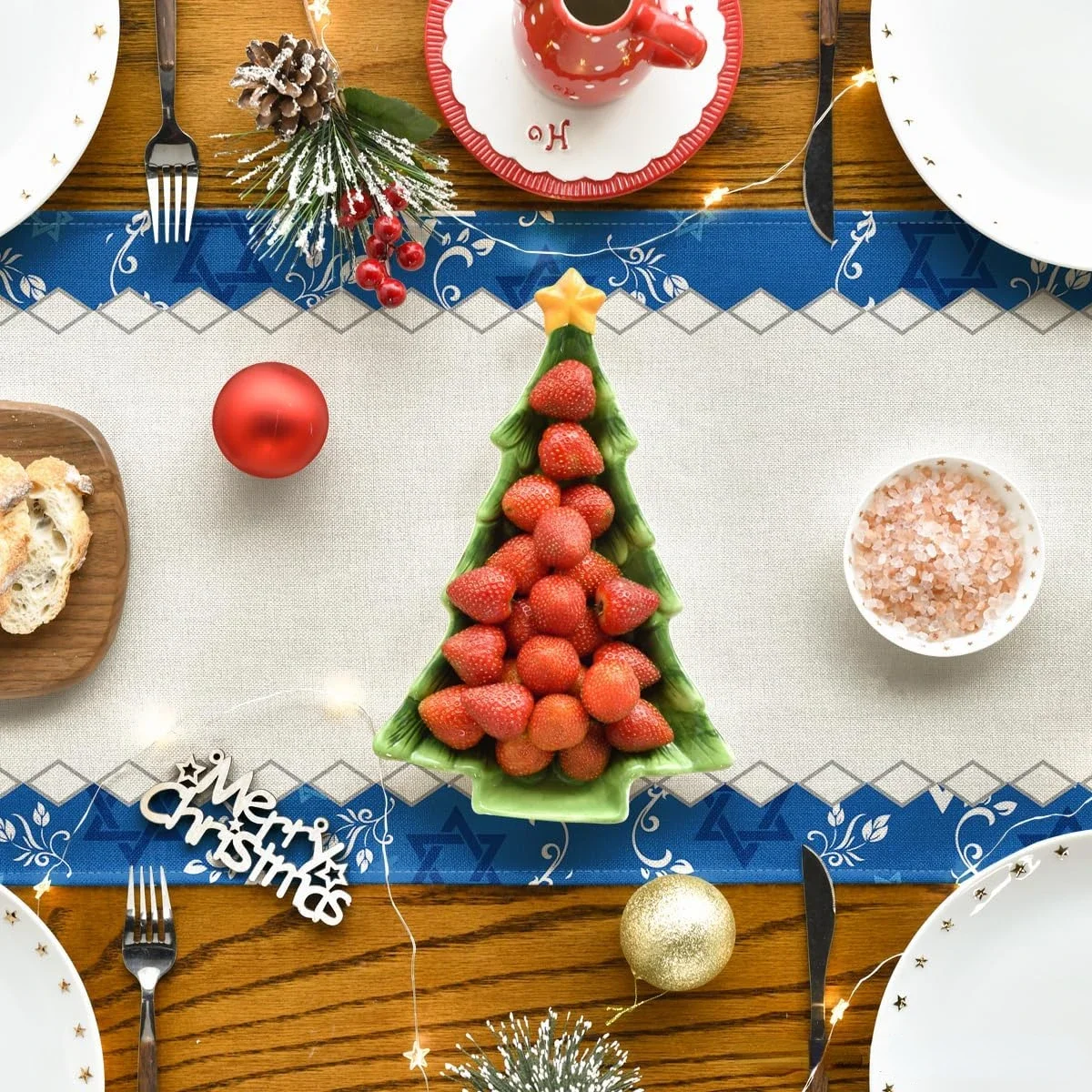 Passover Linen Table Runner – Star of David & Menorah Design 4