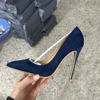 Navy Blue Women Synthetic Suede High Heels Pointed Toe Slip on OL Ladies Stiletto Pumps 8 10 12cm Fashion Wedding Shoes 2