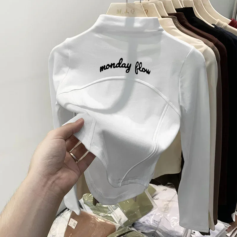 Mondayflow Tennis Shirt Women's Spring Style Simple Sports Outdoor Korean Style Golf Clothing High Neck Underwear Golf Wear