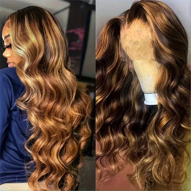 P4/27 mettre en évidence brun vague de corps 13x6 perruque de cheveux humains couleur blond miel 13x4 HD dentelle pré-plumée 40 46 pouces perruques pour les femmes
